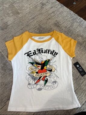Ed Hardy White Tee with Yellow Raglan Sleeves and Multicolor Tattoo Graphic NWT